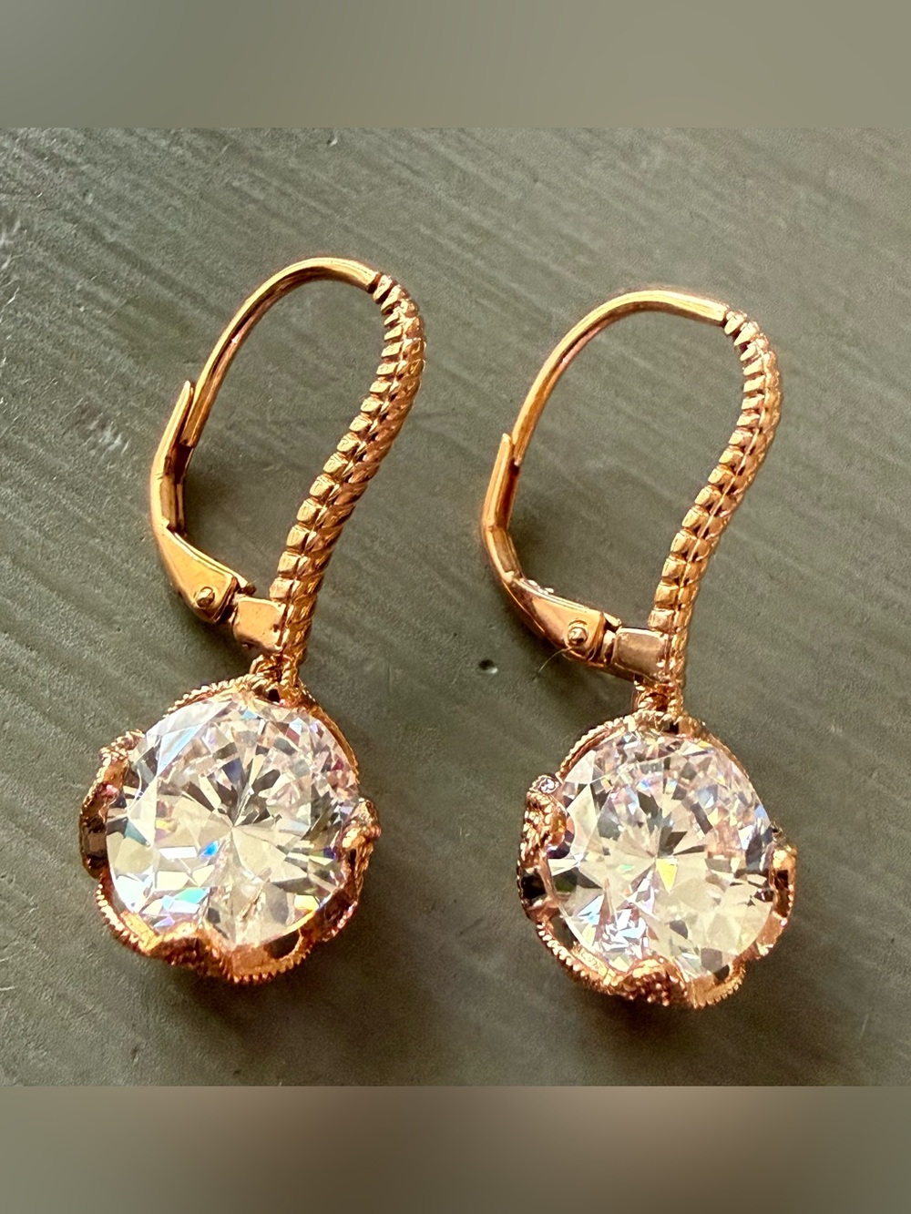 Judith Ripka 14K Rose Gold Clad 925 Crystal Drop Leverback Earrings NEW